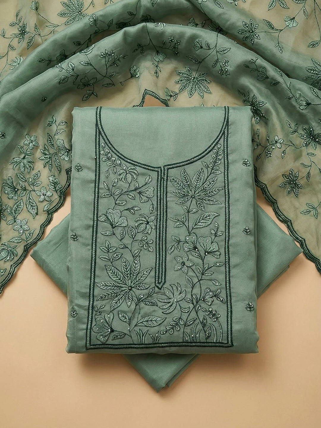 Aqua Green Cotton Blend Embroidered Unstitched Dress Material