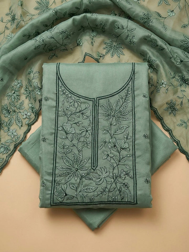 Aqua Green Cotton Blend Embroidered Unstitched Dress Material