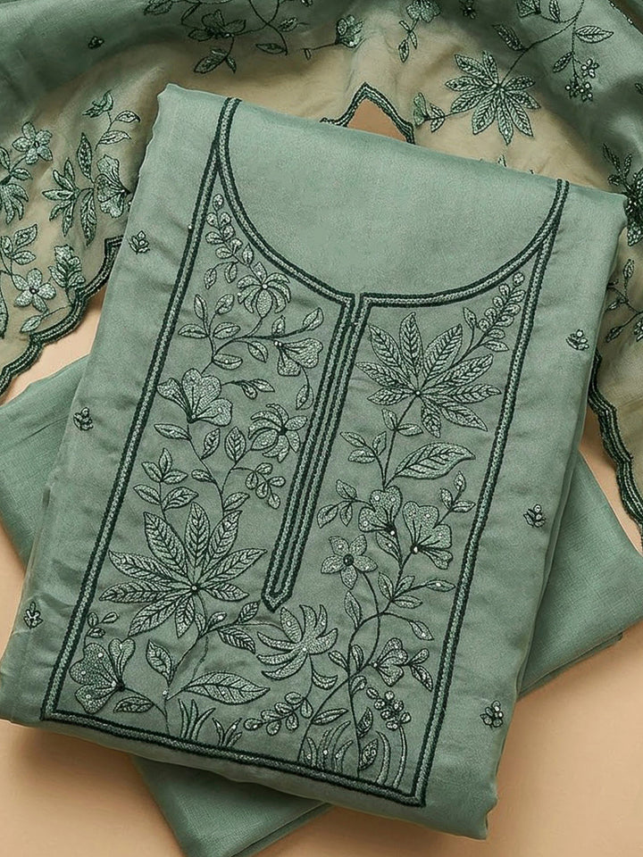 Aqua Green Cotton Blend Embroidered Unstitched Dress Material