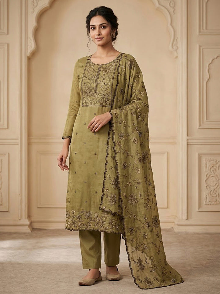 Mehndi Cotton Blend Embroidered Unstitched Dress Material