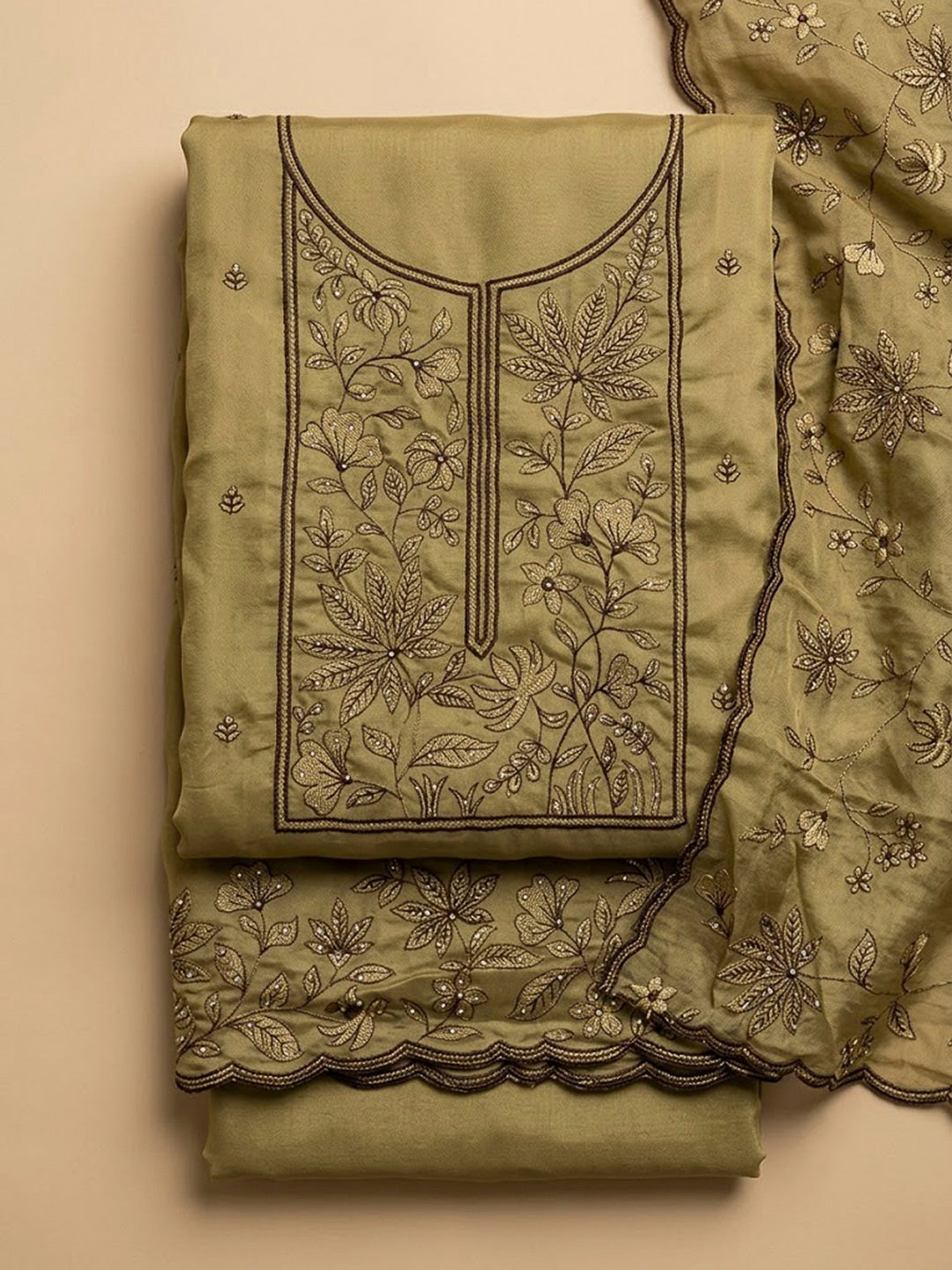 Mehndi Cotton Blend Embroidered Unstitched Dress Material