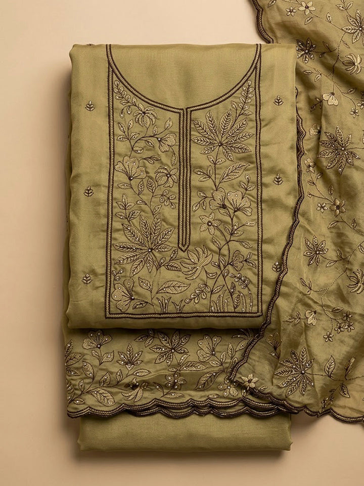 Mehndi Cotton Blend Embroidered Unstitched Dress Material
