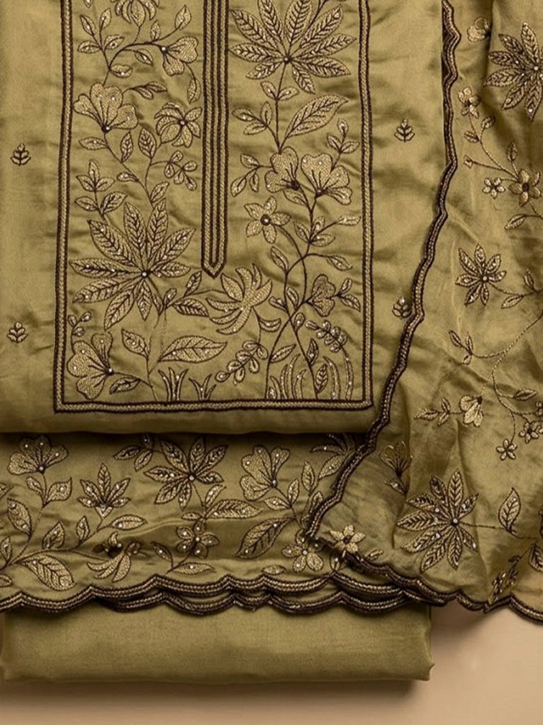 Mehndi Cotton Blend Embroidered Unstitched Dress Material