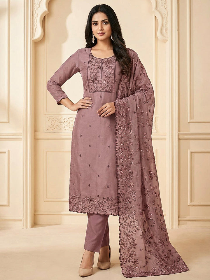 Onion Pink Cotton Blend Embroidered Unstitched Dress Material