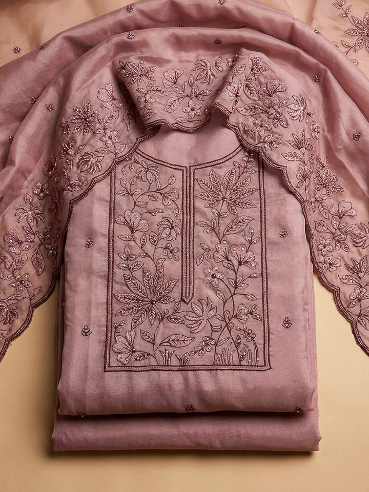 Onion Pink Cotton Blend Embroidered Unstitched Dress Material