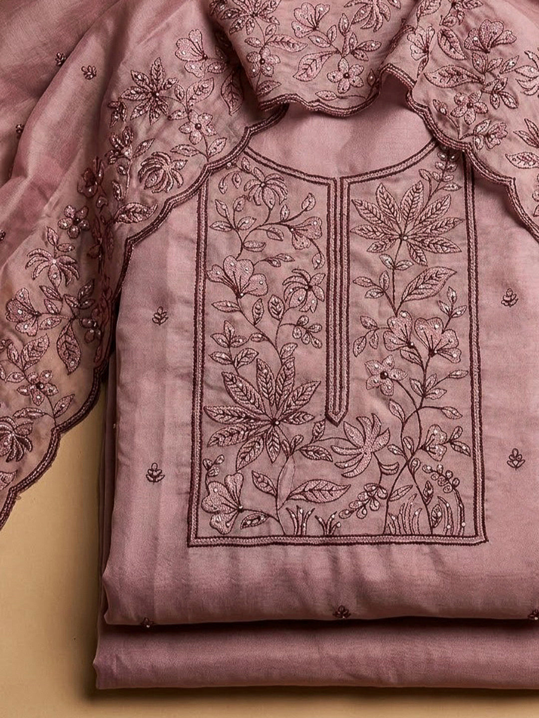 Onion Pink Cotton Blend Embroidered Unstitched Dress Material