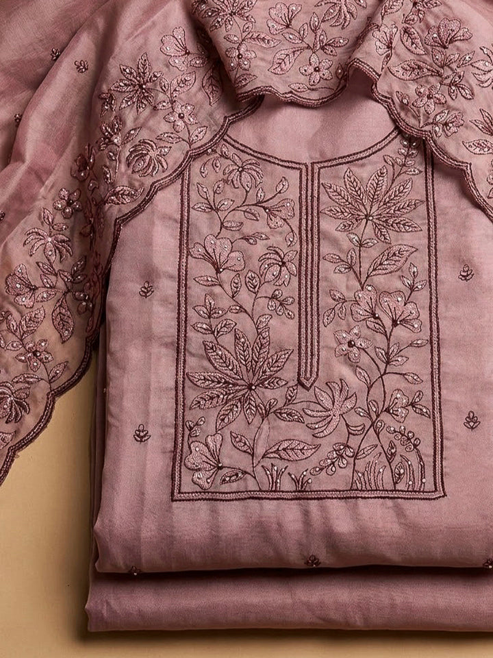 Onion Pink Cotton Blend Embroidered Unstitched Dress Material