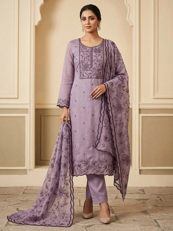 Purple Cotton Blend Embroidered Unstitched Dress Material