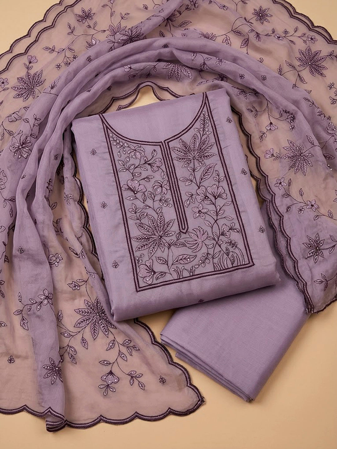 Purple Cotton Blend Embroidered Unstitched Dress Material