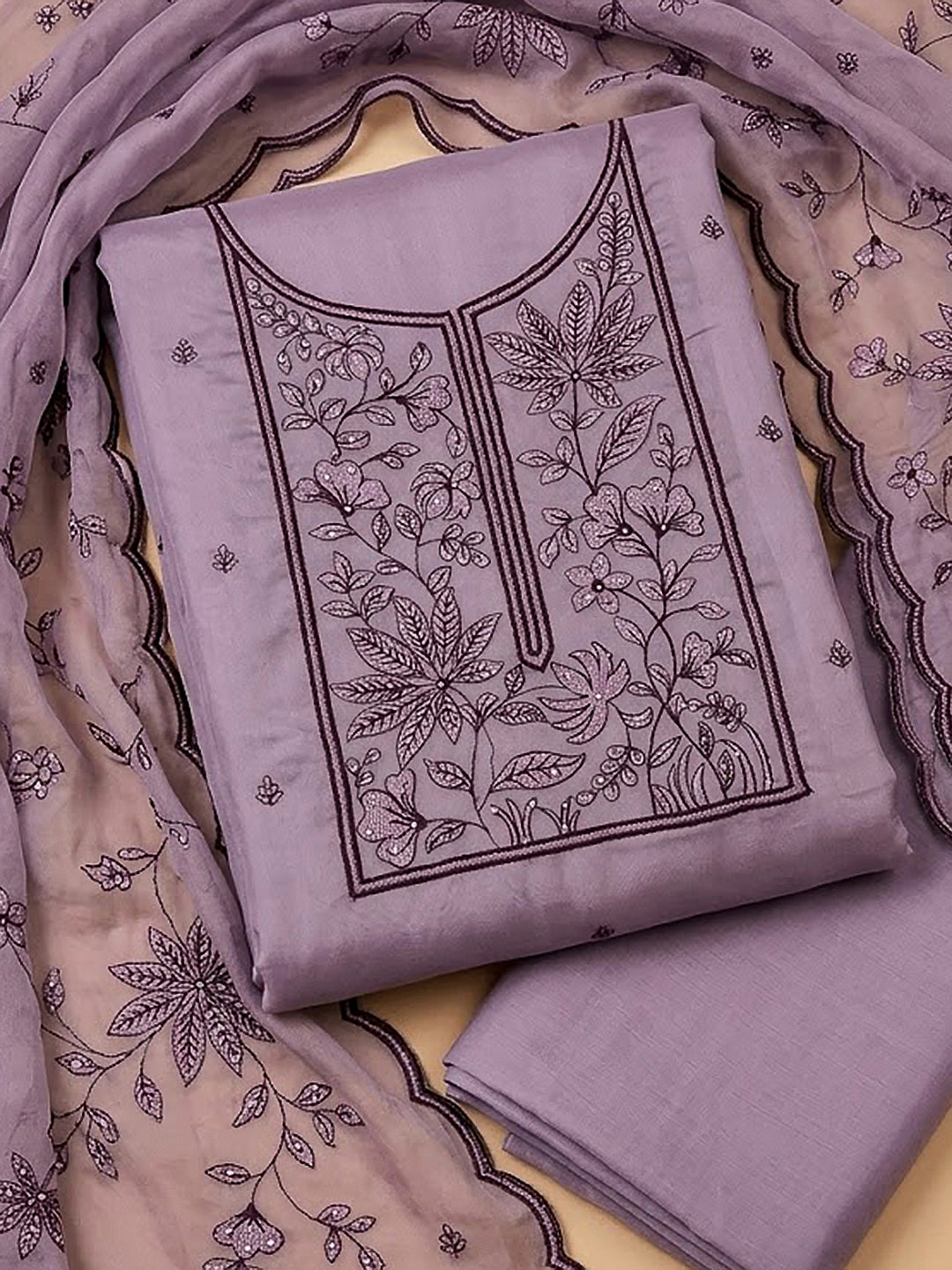 Purple Cotton Blend Embroidered Unstitched Dress Material