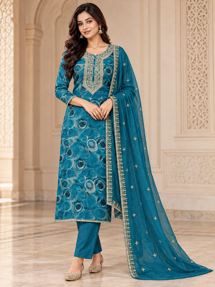 Blue Organza Embroidered Unstitched Dress Material