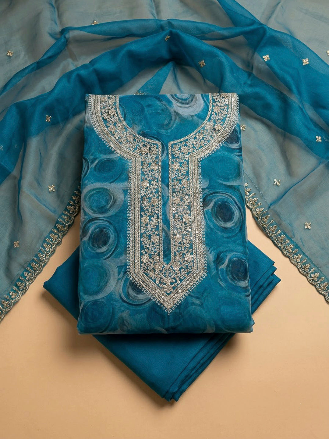 Blue Organza Embroidered Unstitched Dress Material
