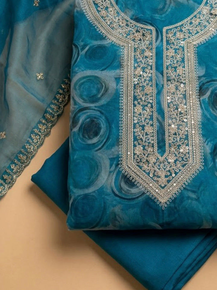 Blue Organza Embroidered Unstitched Dress Material