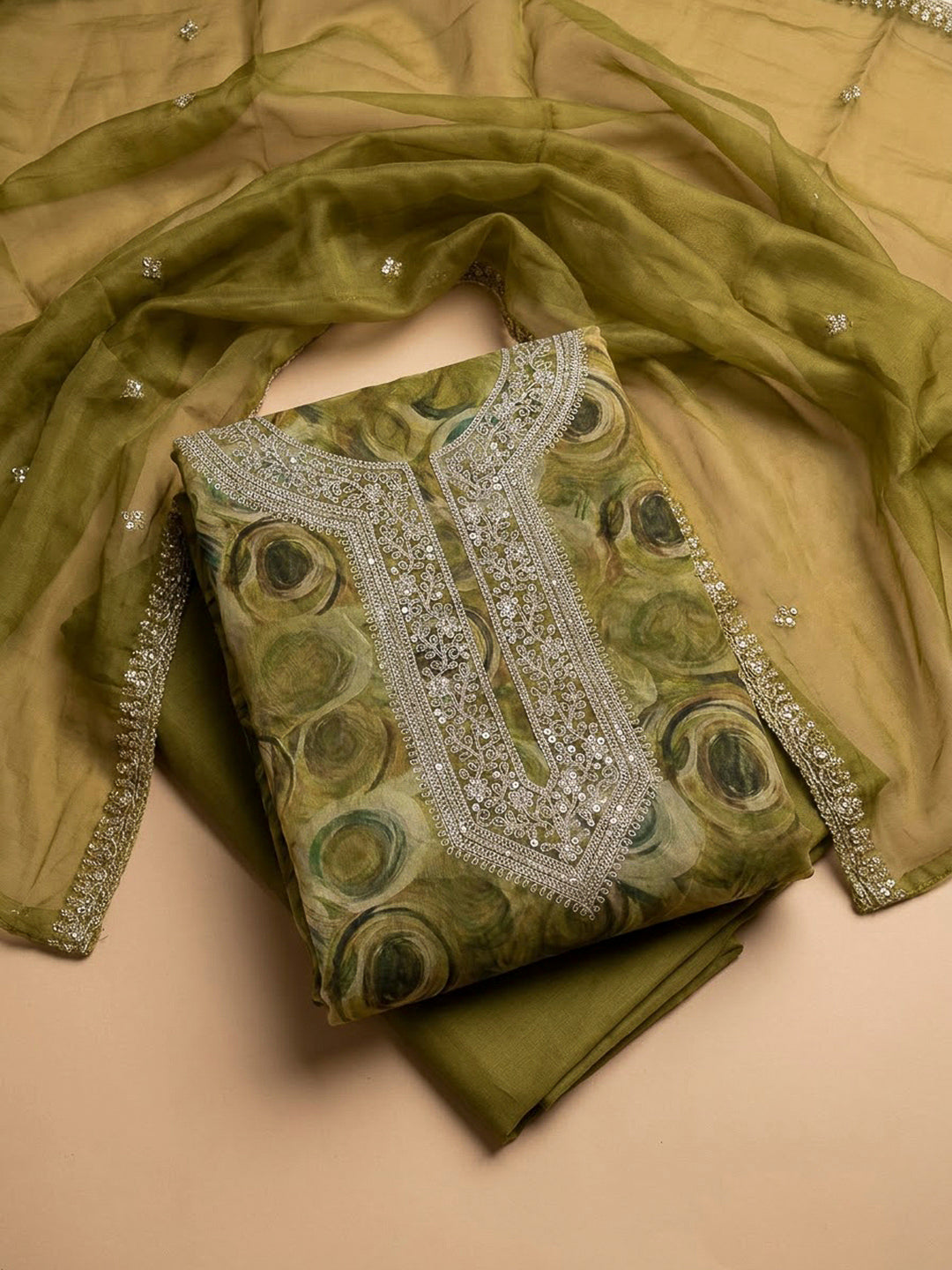 Mehndi Organza Embroidered Unstitched Dress Material
