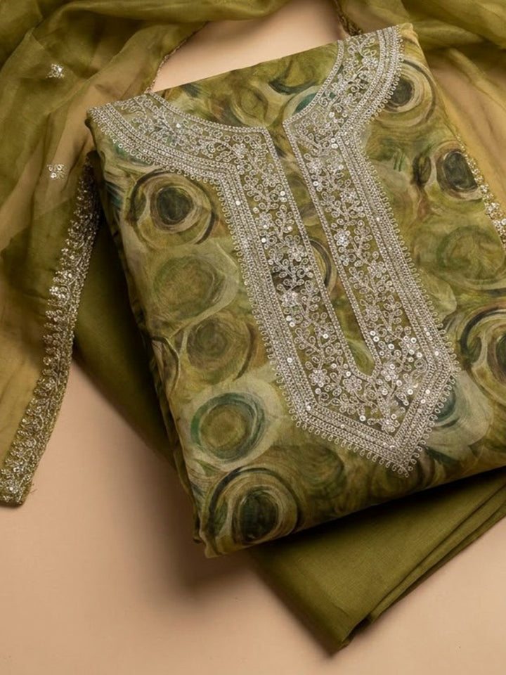 Mehndi Organza Embroidered Unstitched Dress Material