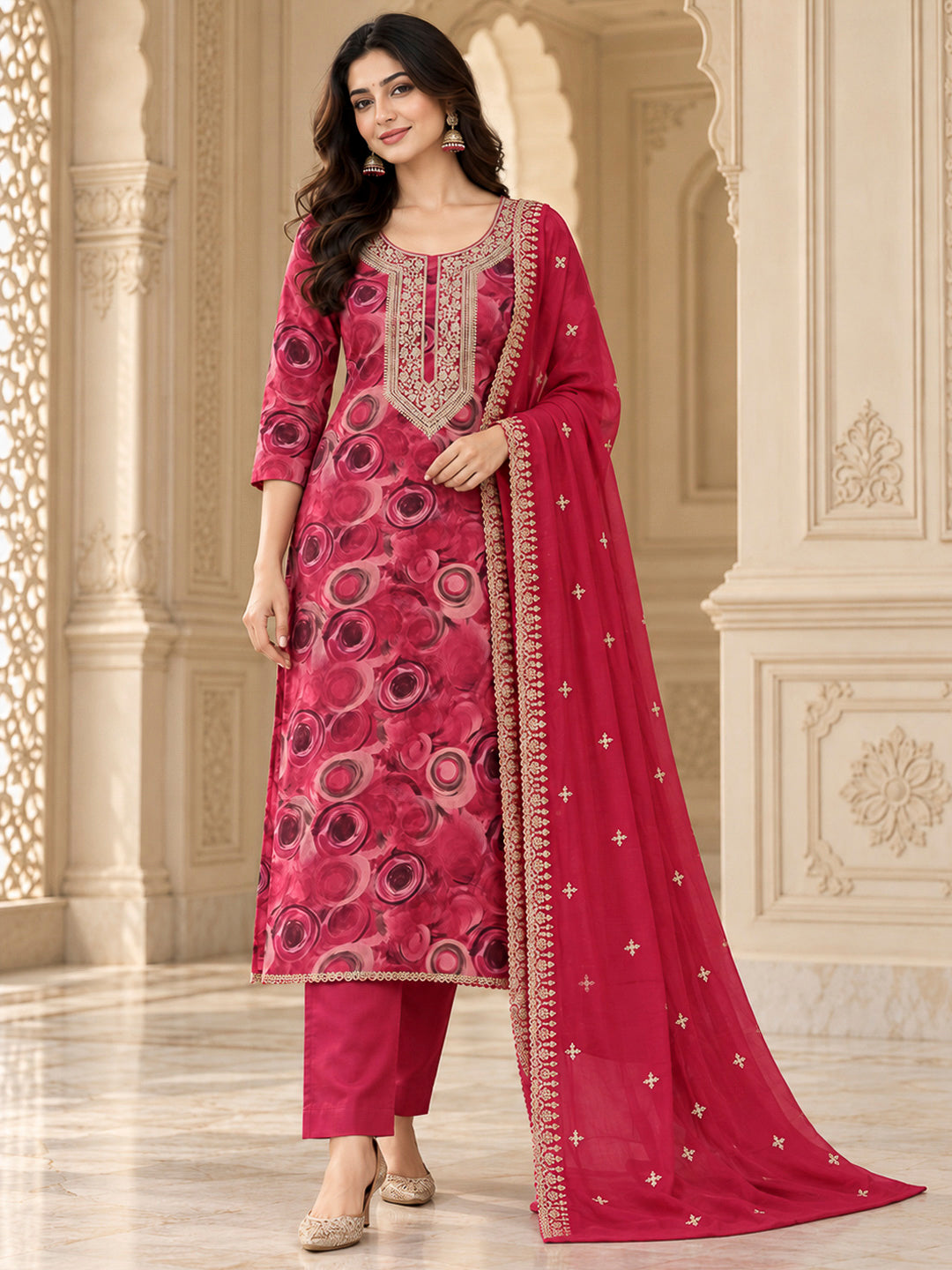 Onion Pink Organza Embroidered Unstitched Dress Material