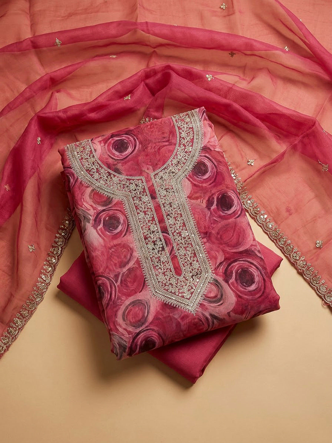 Onion Pink Organza Embroidered Unstitched Dress Material