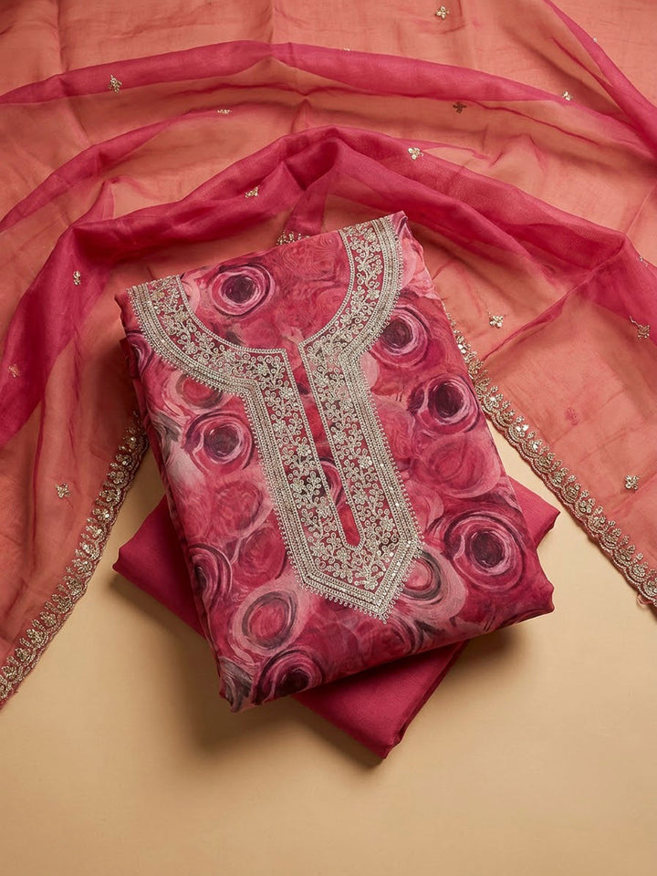 Onion Pink Organza Embroidered Unstitched Dress Material