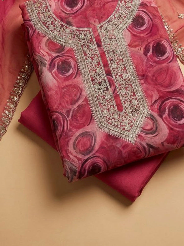 Onion Pink Organza Embroidered Unstitched Dress Material