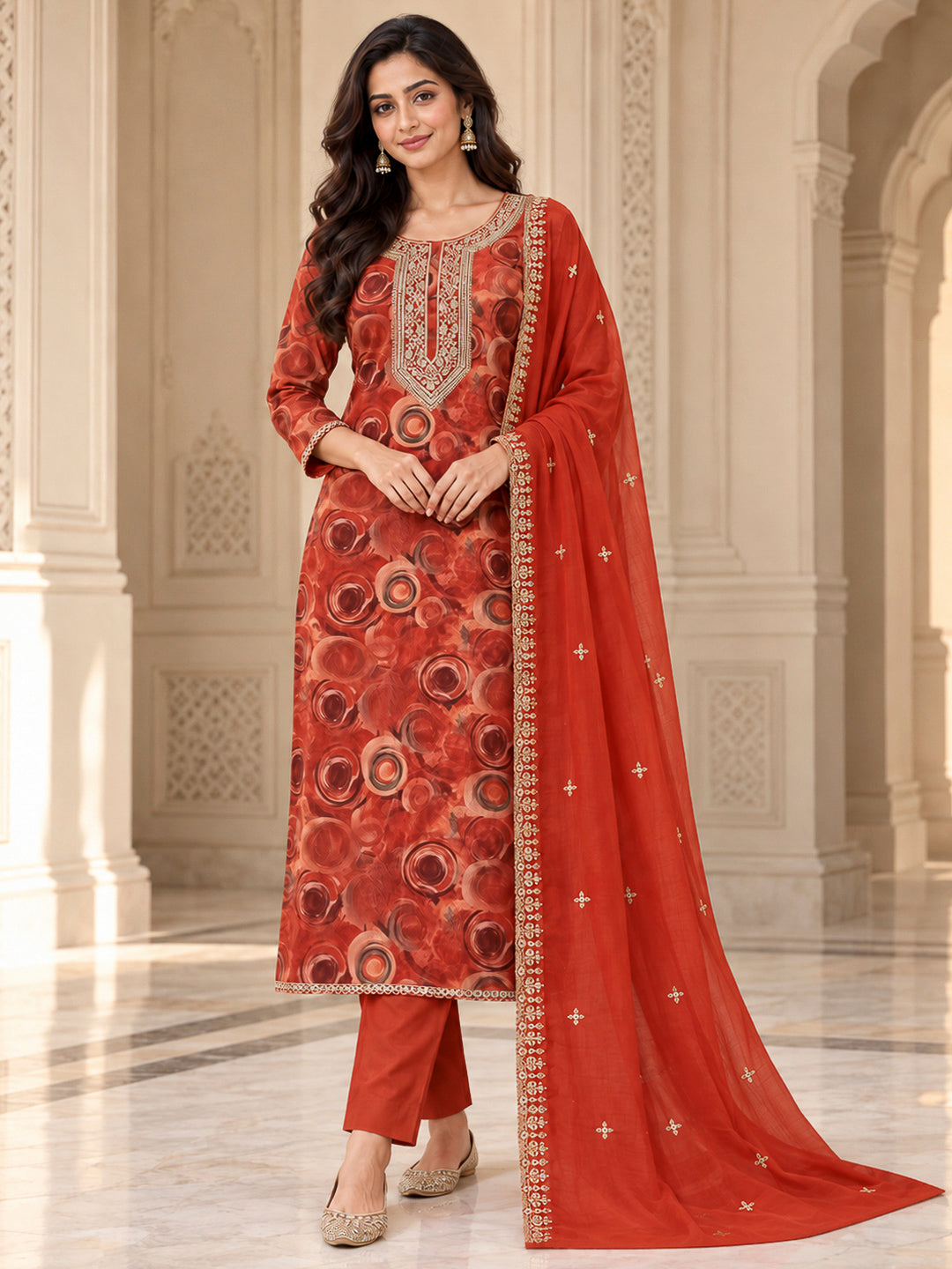 Orange Organza Embroidered Unstitched Dress Material