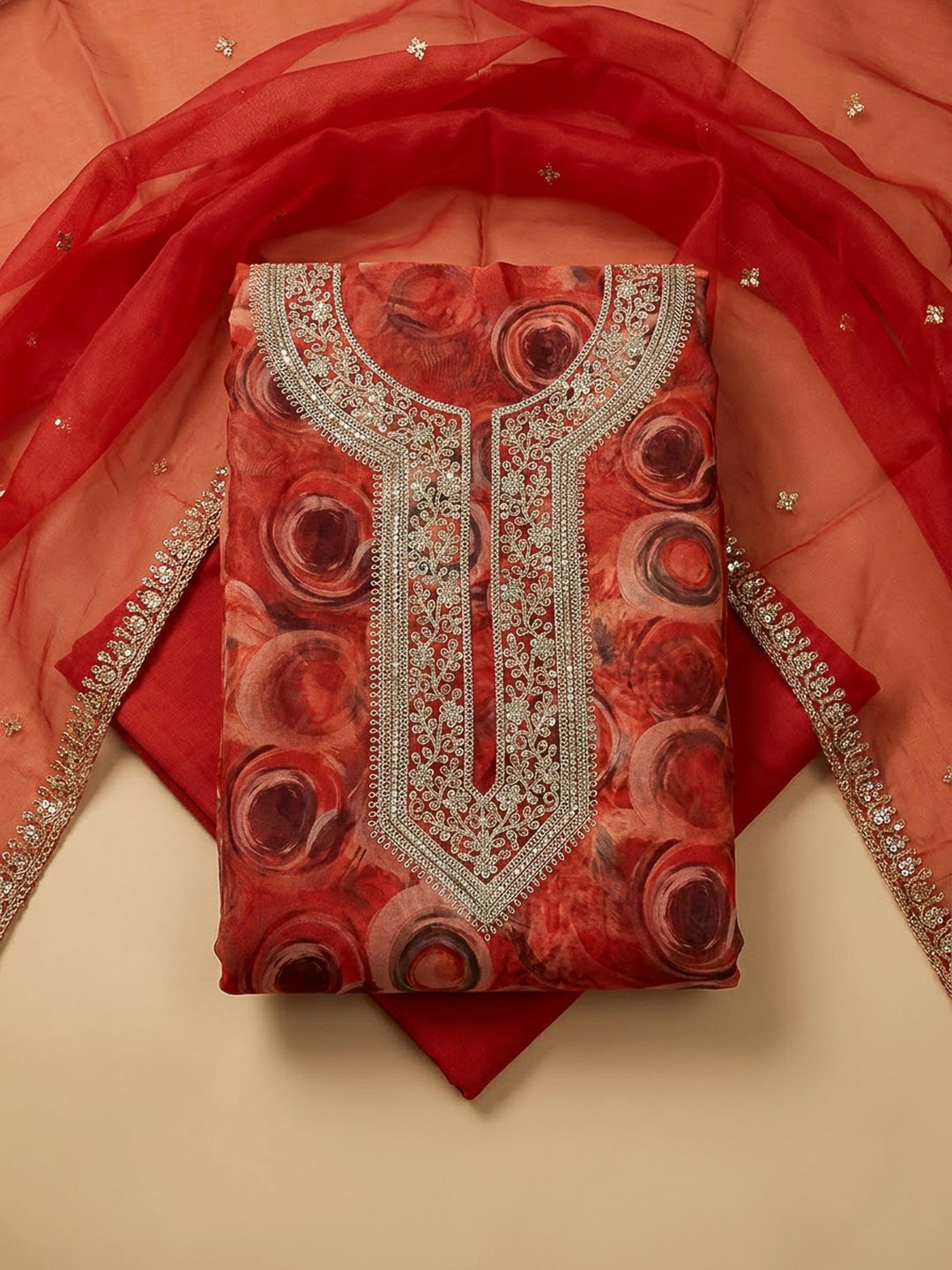 Orange Organza Embroidered Unstitched Dress Material