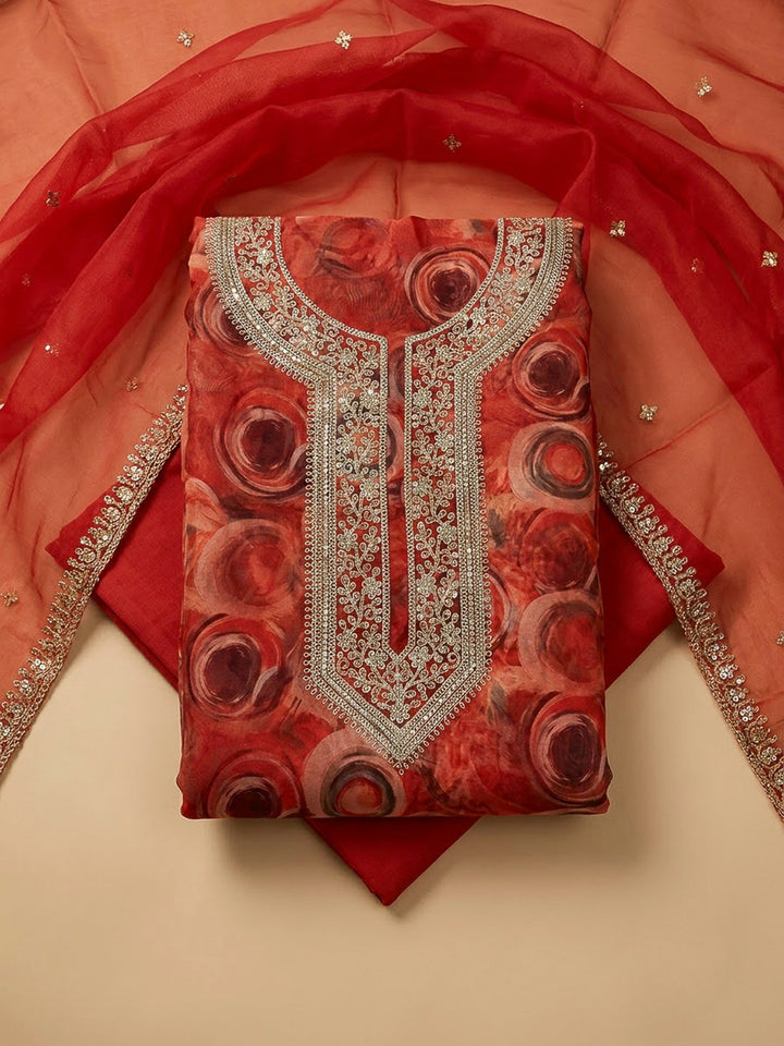 Orange Organza Embroidered Unstitched Dress Material