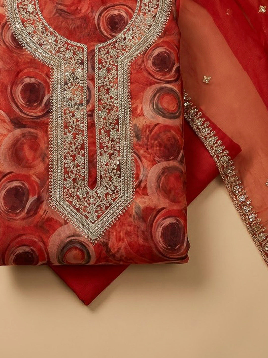 Orange Organza Embroidered Unstitched Dress Material