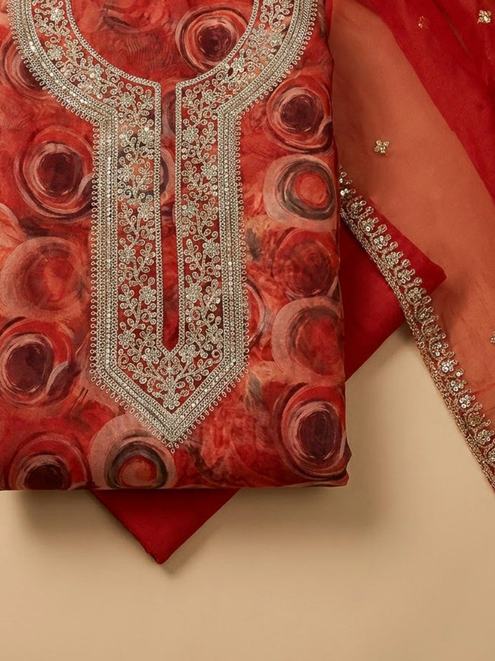 Orange Organza Embroidered Unstitched Dress Material