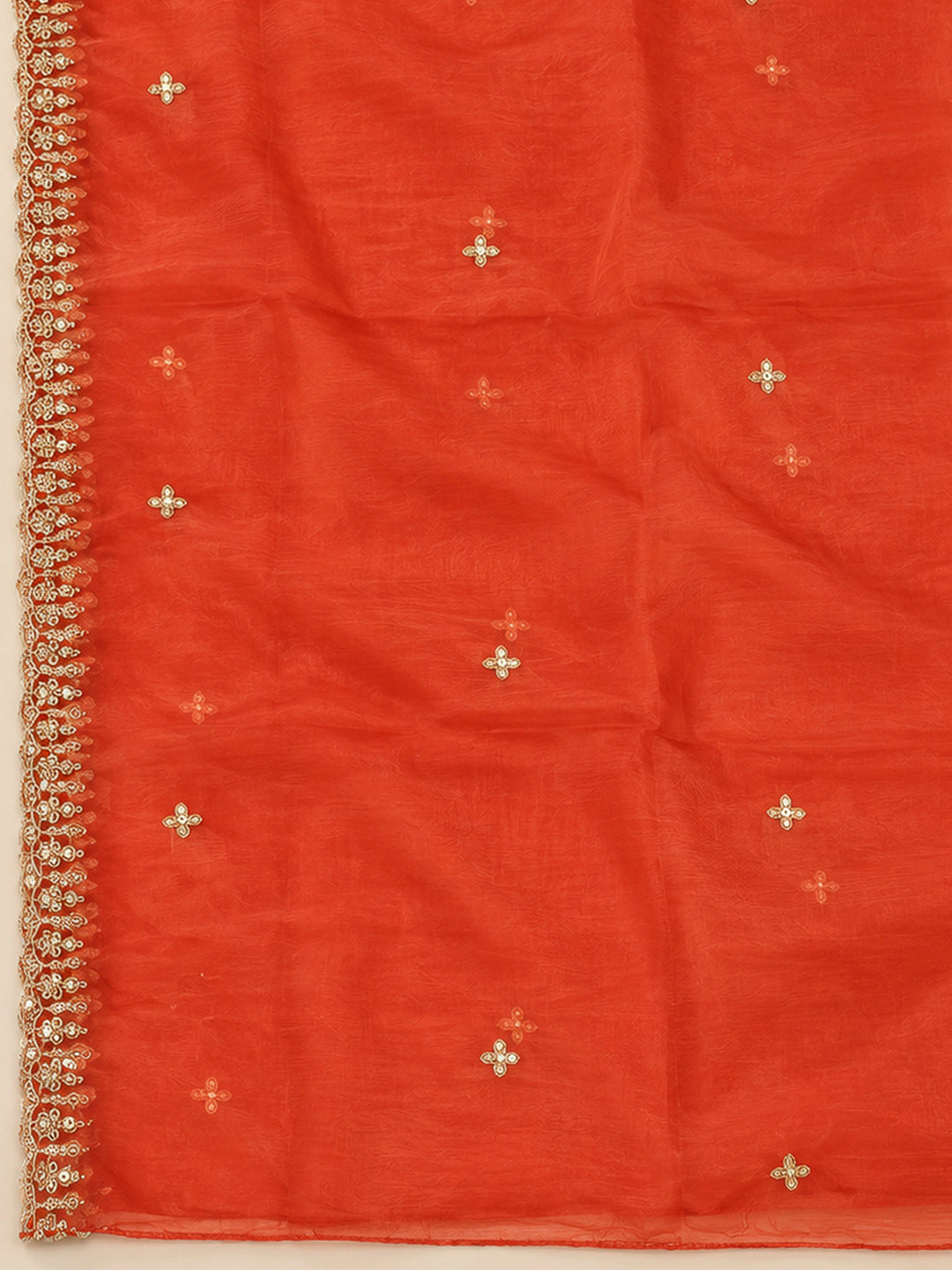 Orange Organza Embroidered Unstitched Dress Material