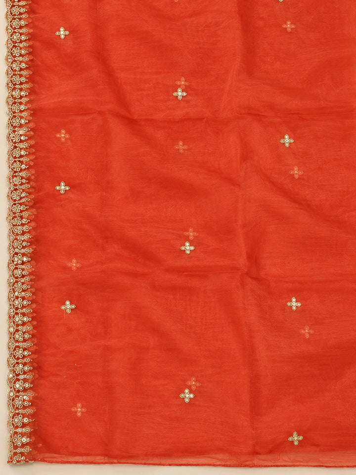 Orange Organza Embroidered Unstitched Dress Material