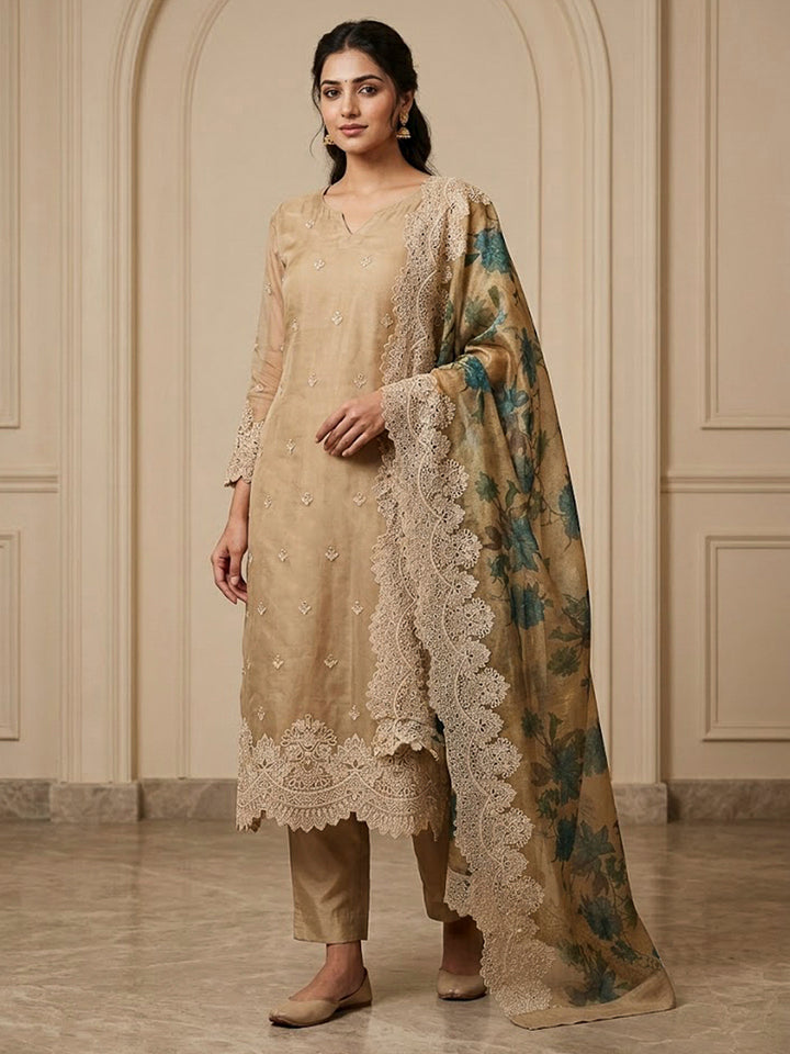 Beige Organza Embroidered Unstitched Dress Material