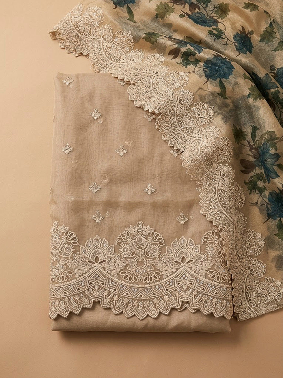 Beige Organza Embroidered Unstitched Dress Material
