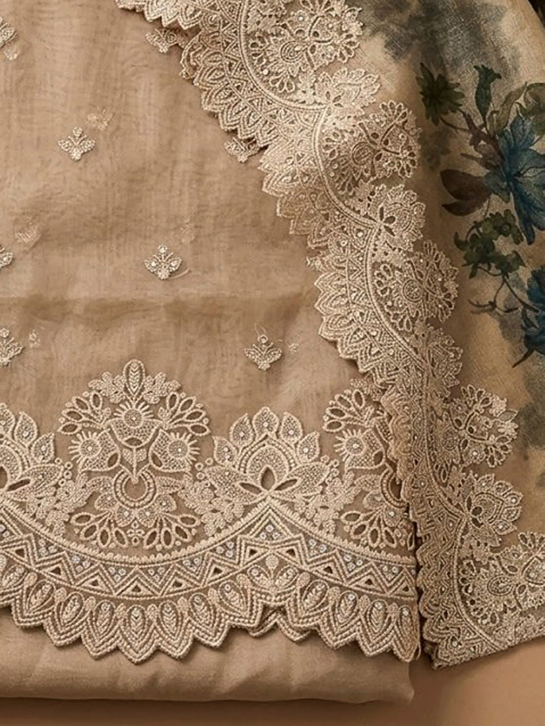 Beige Organza Embroidered Unstitched Dress Material