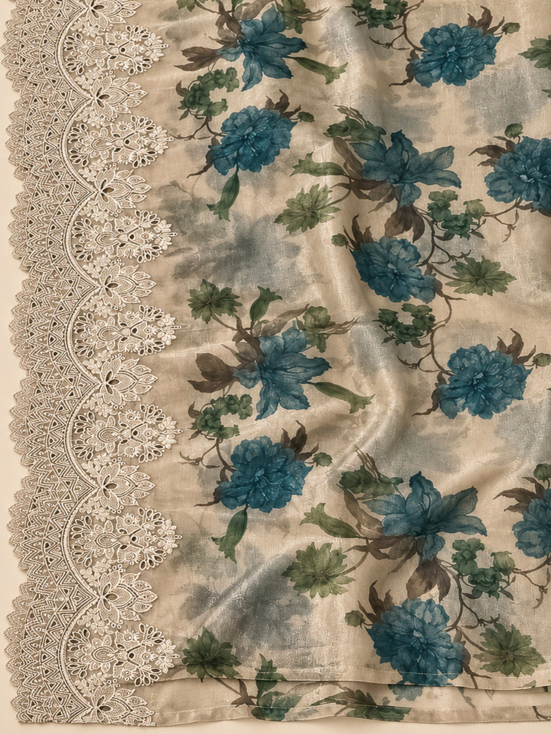 Beige Organza Embroidered Unstitched Dress Material