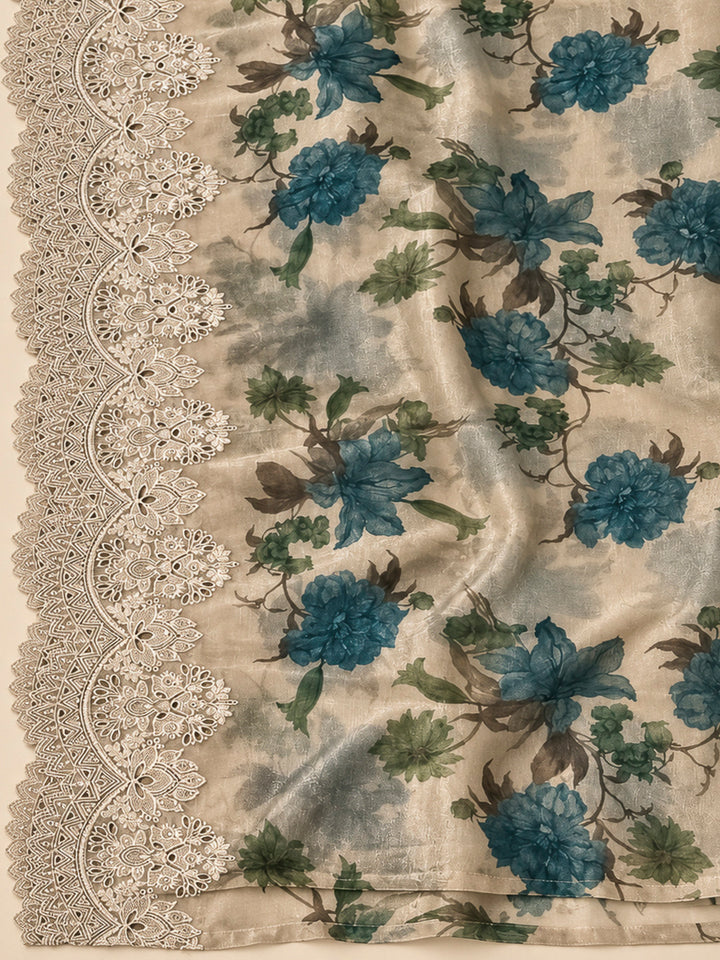 Beige Organza Embroidered Unstitched Dress Material