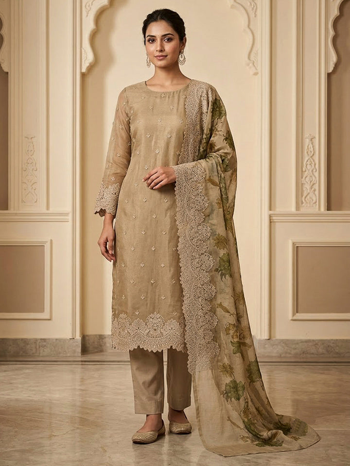 Beige Organza Embroidered Unstitched Dress Material