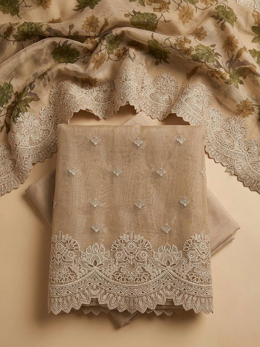Beige Organza Embroidered Unstitched Dress Material