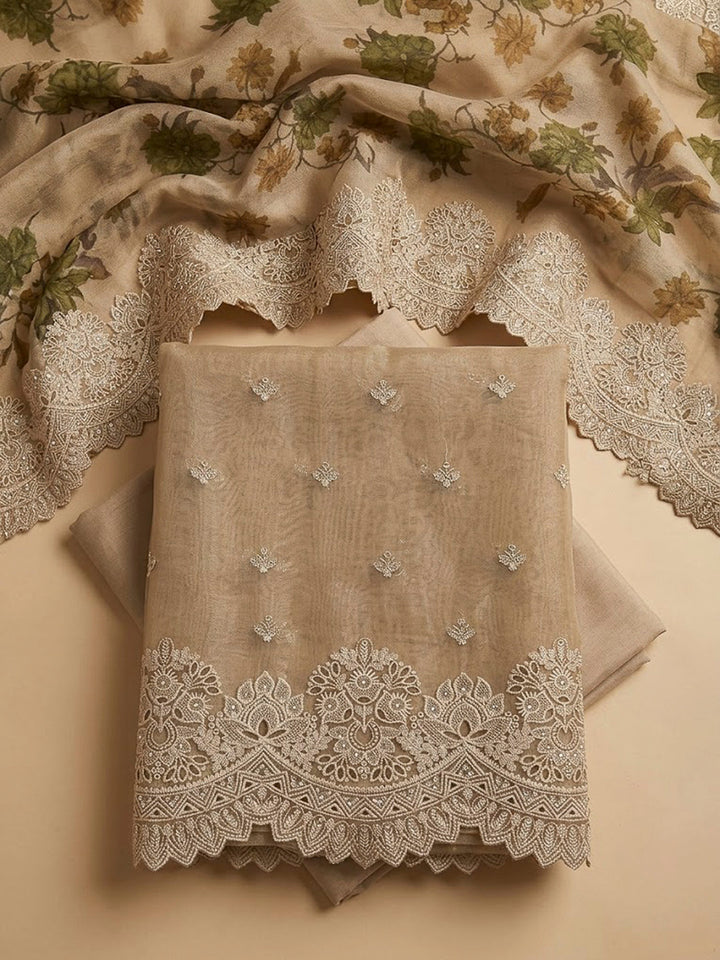 Beige Organza Embroidered Unstitched Dress Material