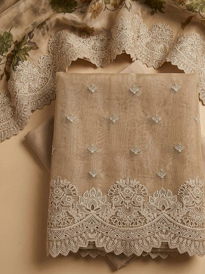 Beige Organza Embroidered Unstitched Dress Material