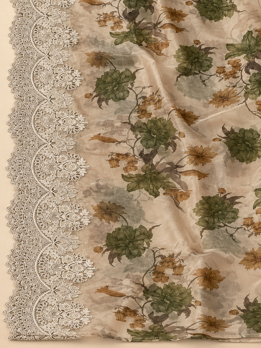 Beige Organza Embroidered Unstitched Dress Material
