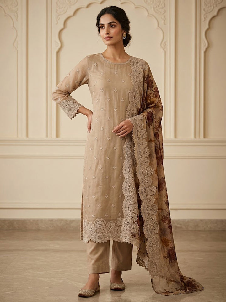 Beige Organza Embroidered Unstitched Dress Material