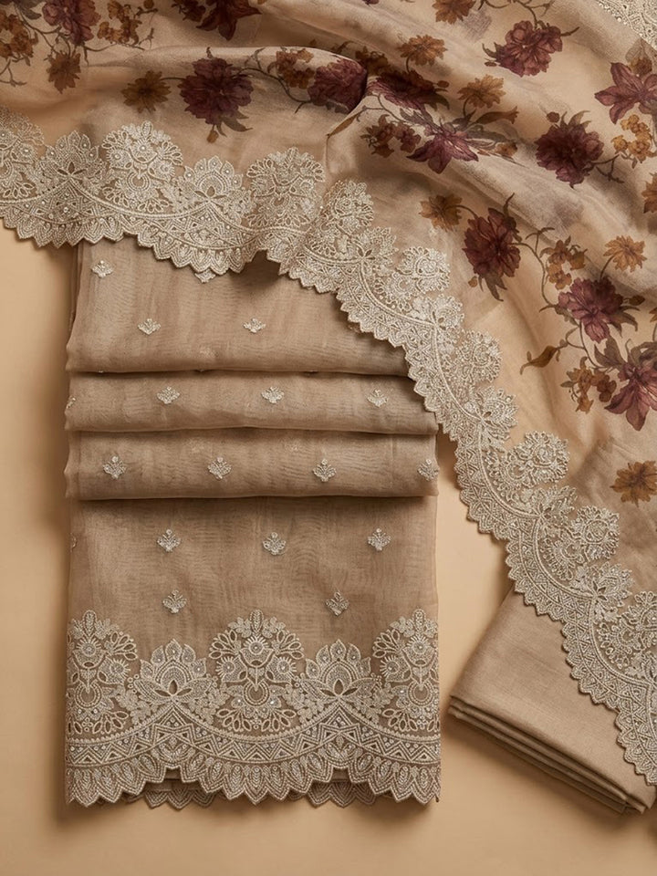 Beige Organza Embroidered Unstitched Dress Material