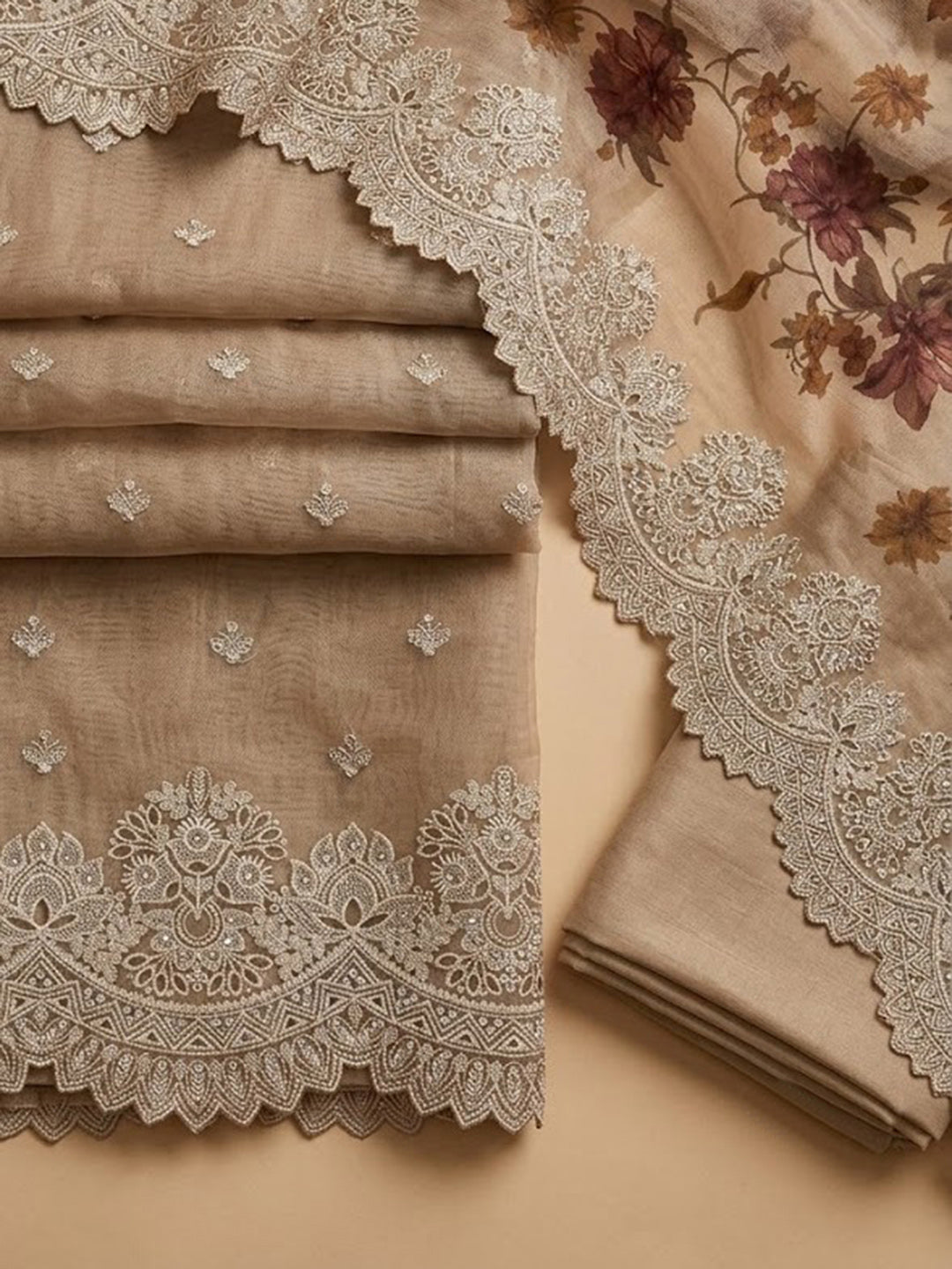 Beige Organza Embroidered Unstitched Dress Material