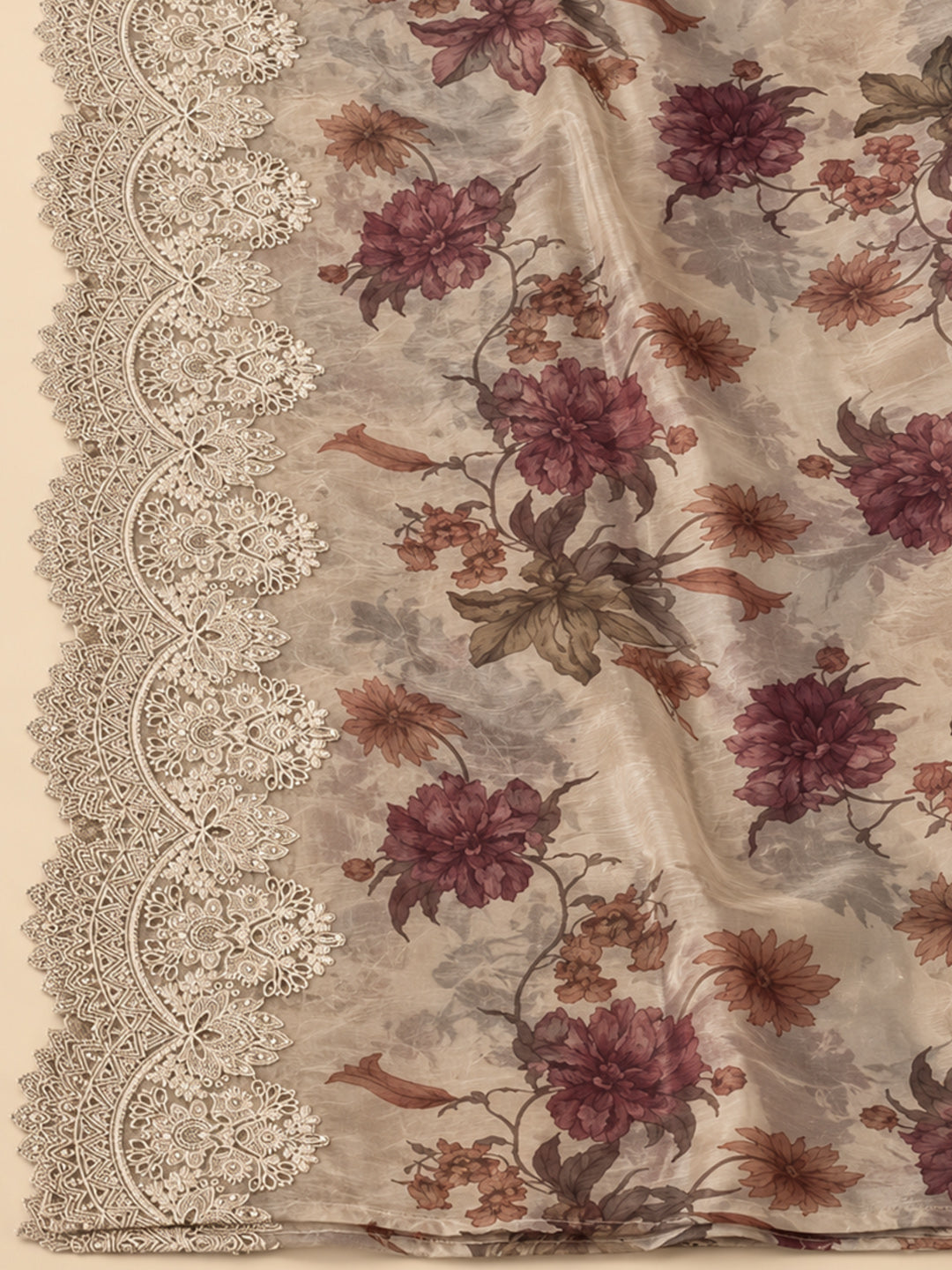 Beige Organza Embroidered Unstitched Dress Material