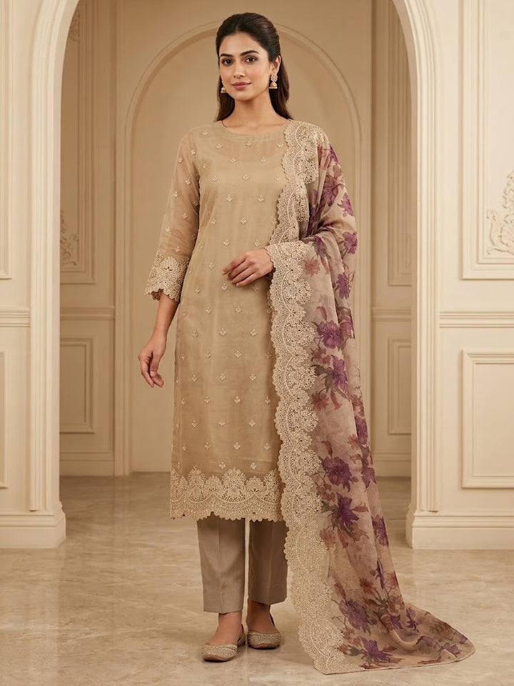 Beige Organza Embroidered Unstitched Dress Material