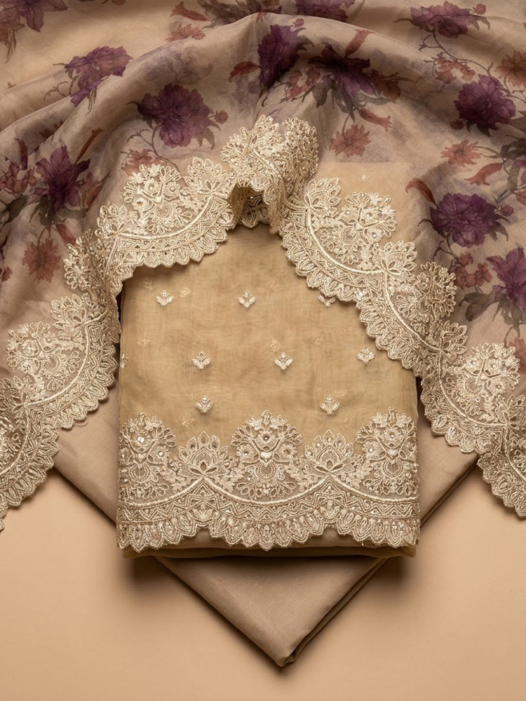 Beige Organza Embroidered Unstitched Dress Material
