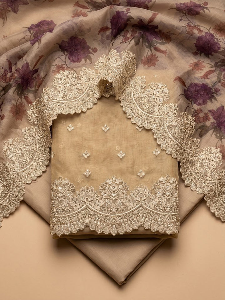 Beige Organza Embroidered Unstitched Dress Material