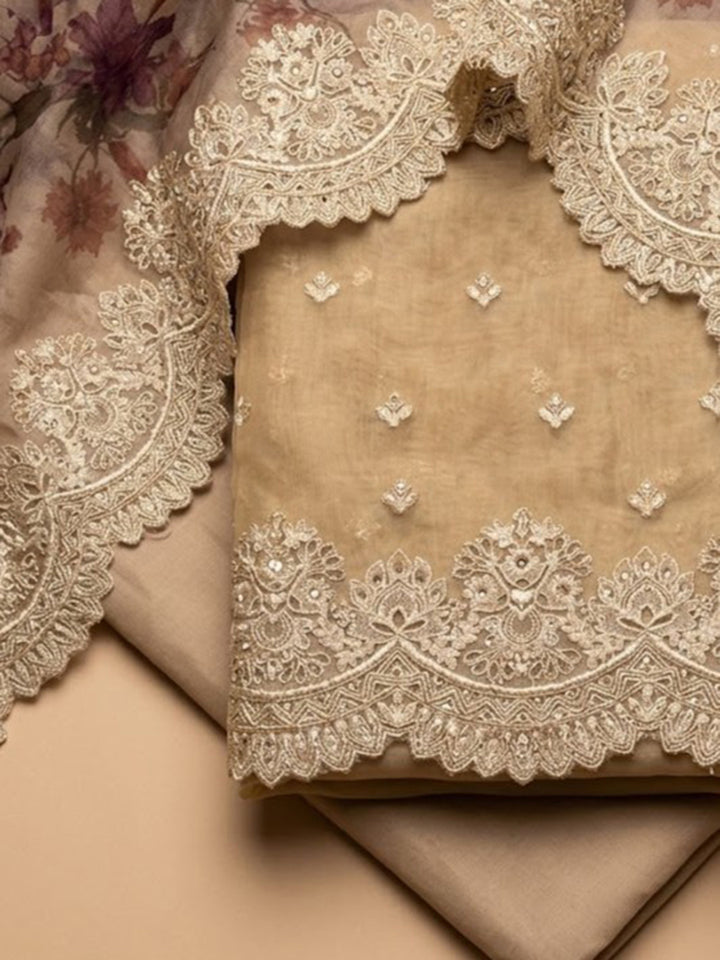 Beige Organza Embroidered Unstitched Dress Material