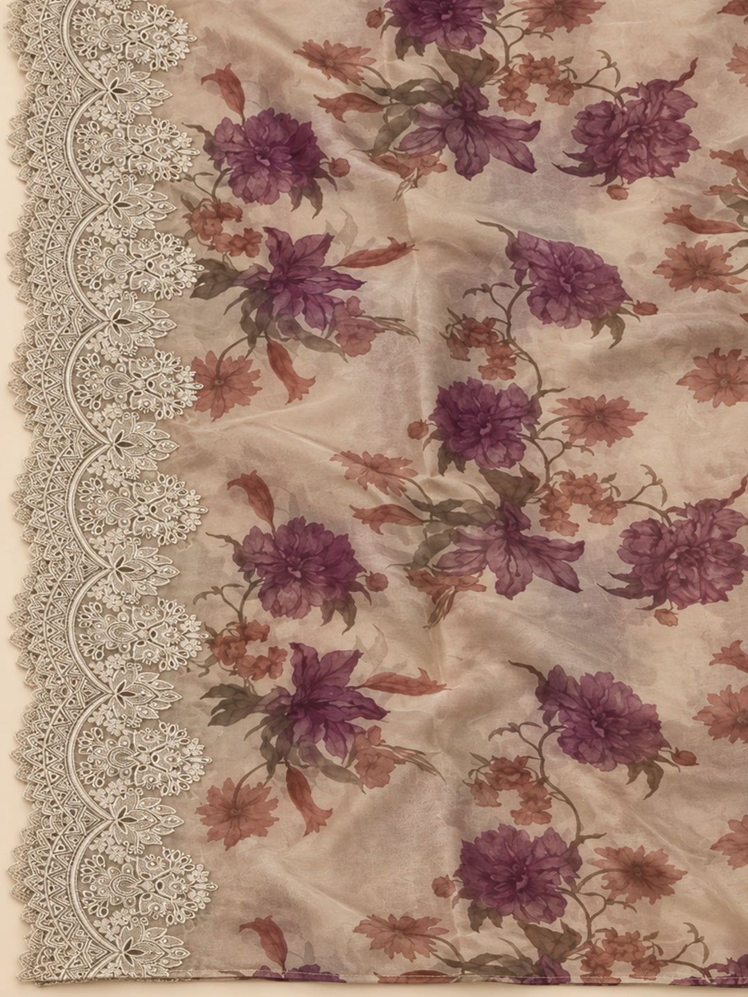 Beige Organza Embroidered Unstitched Dress Material