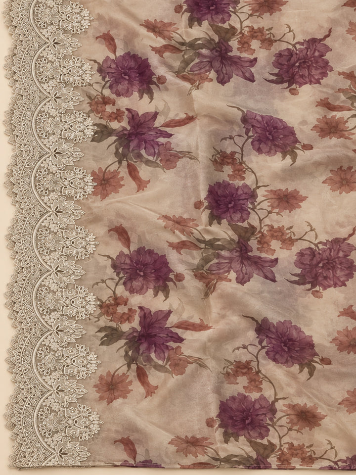 Beige Organza Embroidered Unstitched Dress Material